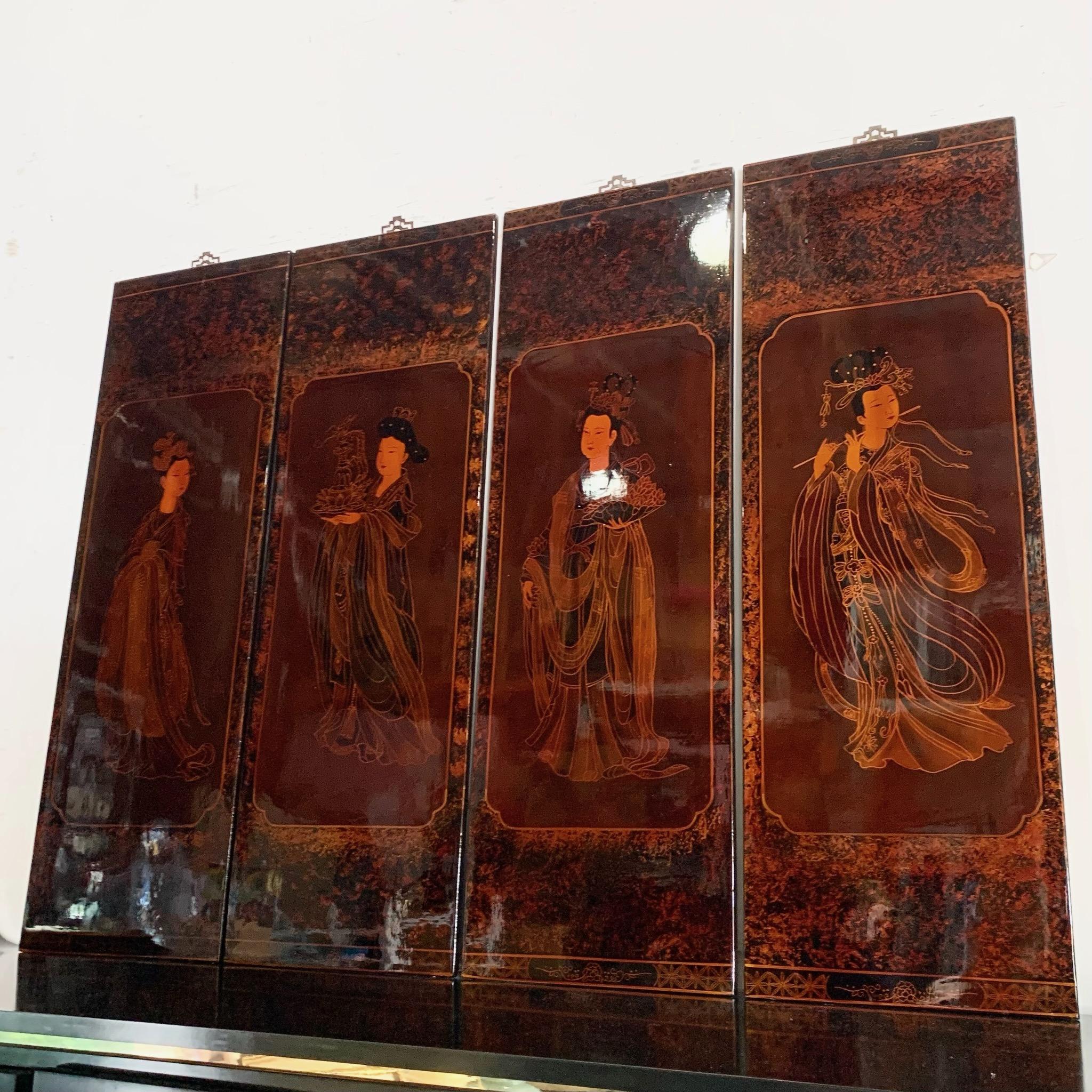 Late 20th Century Chinese Hand Painted and Lacquered Women on Wood - Set of 4 For Sale