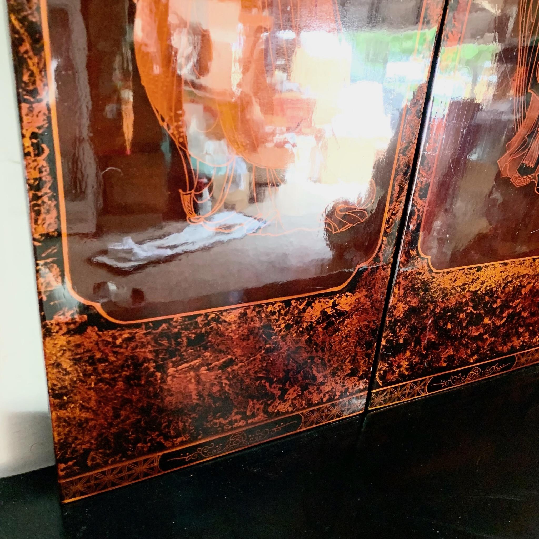 Chinese Hand Painted and Lacquered Women on Wood - Set of 4 For Sale 1