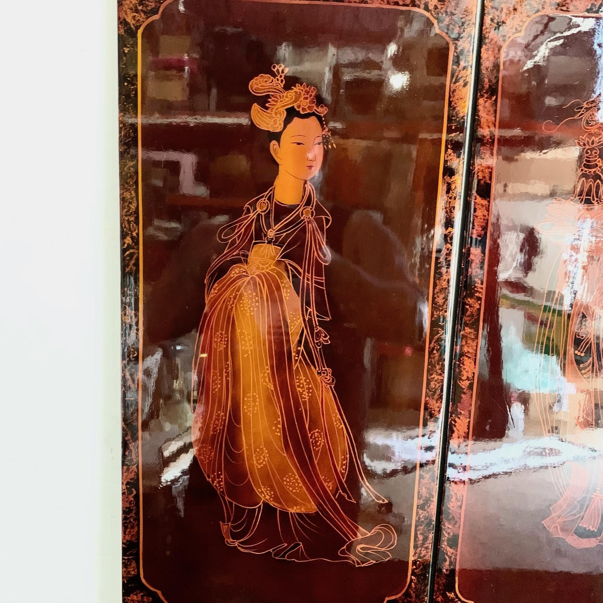 Chinese Hand Painted and Lacquered Women on Wood - Set of 4 For Sale 2