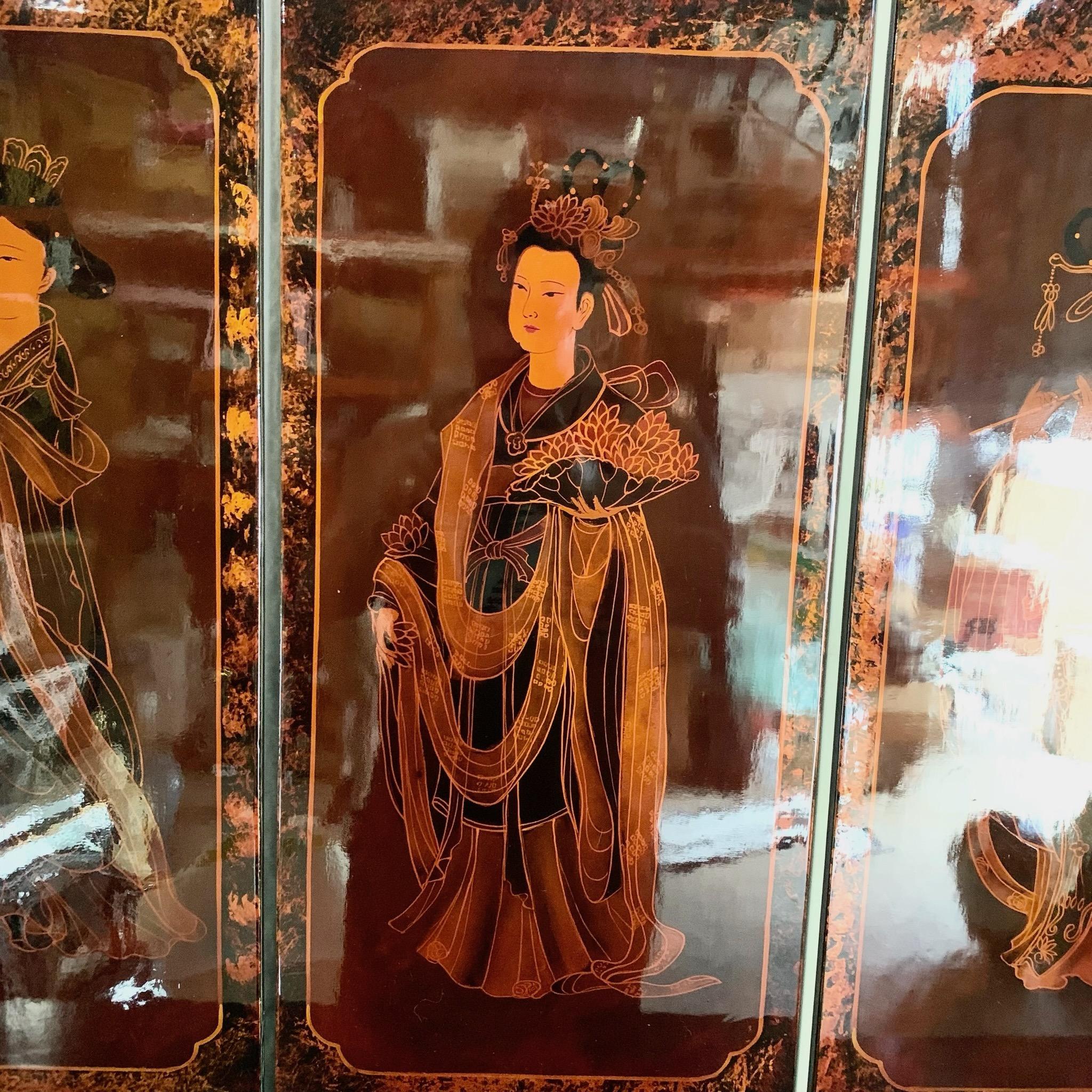 Chinese Hand Painted and Lacquered Women on Wood - Set of 4 For Sale 4