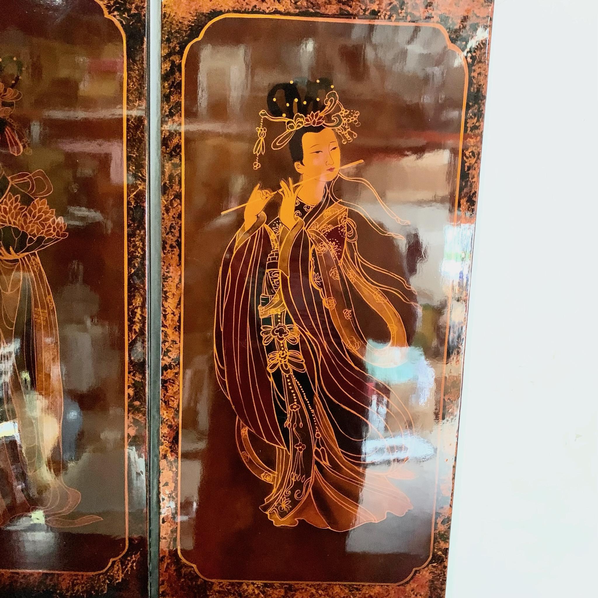 Chinese Hand Painted and Lacquered Women on Wood - Set of 4 For Sale 5