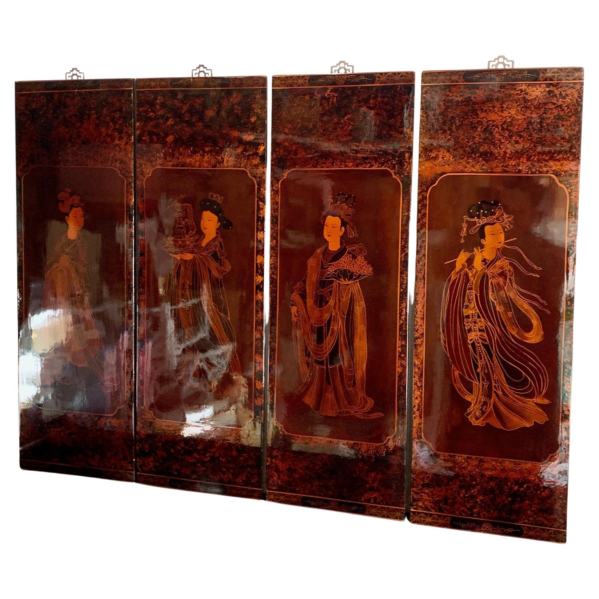Chinese Hand Painted and Lacquered Women on Wood - Set of 4 For Sale