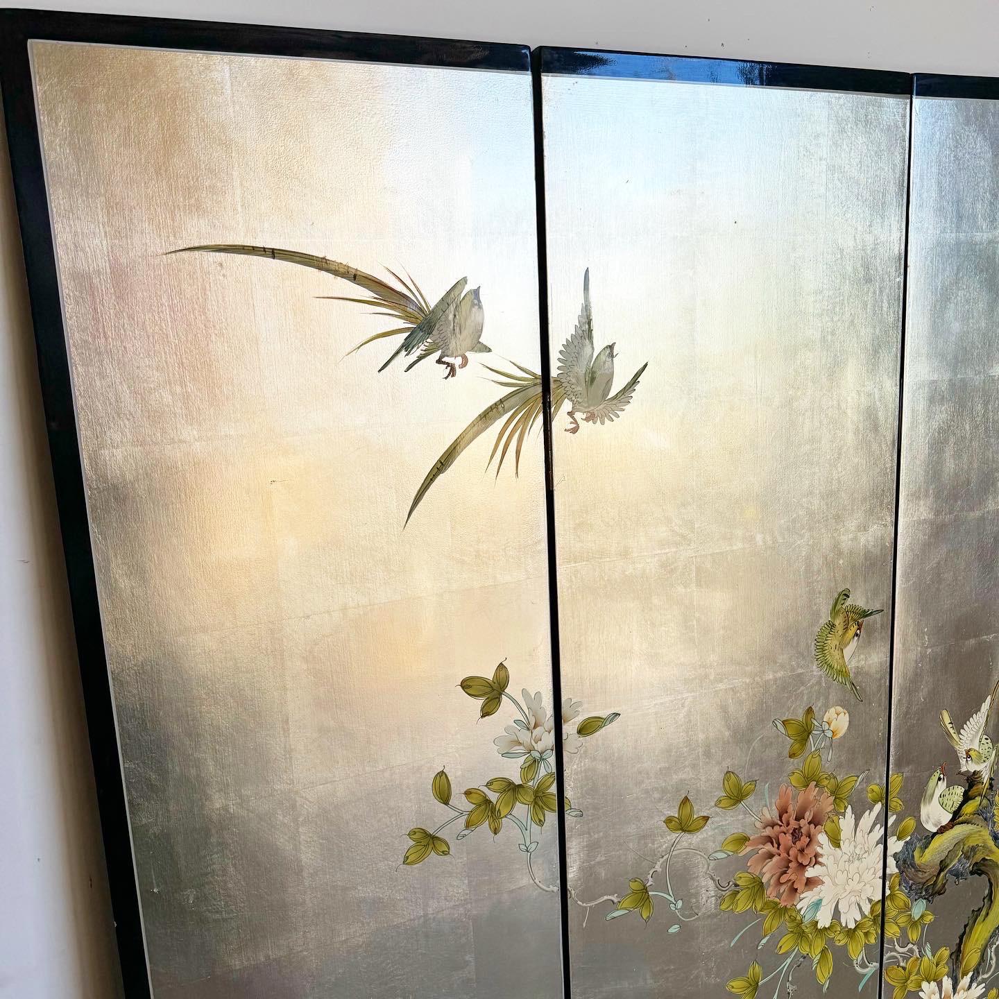 Chinoiserie Chinese Hand Painted Back and Gold Room Divider/Screen - 4 Panels