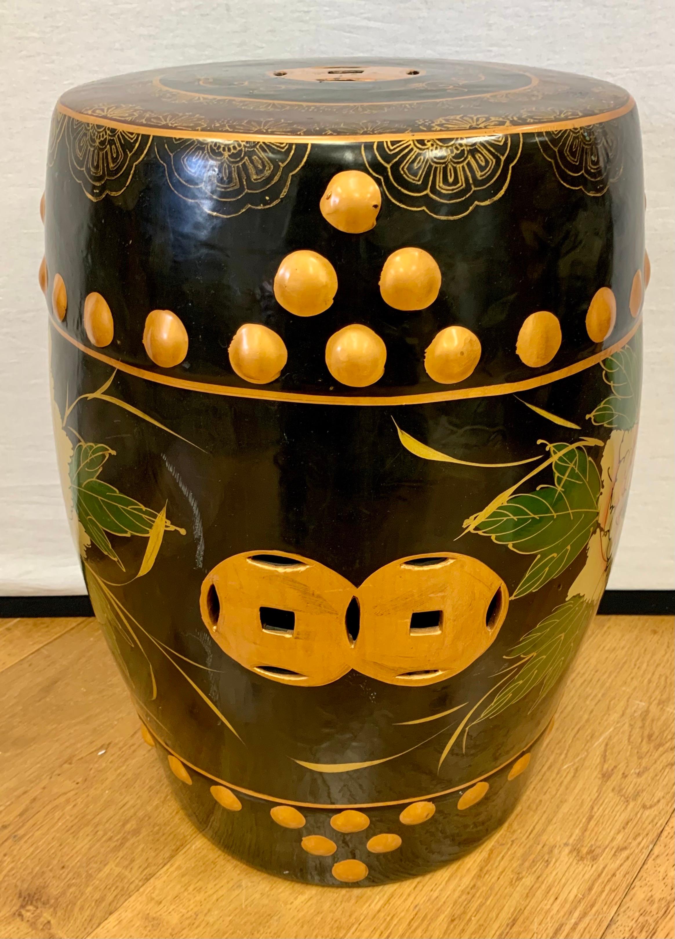 Chinese Export Chinese Hand Painted Black and Gold Porcelain Garden Stool