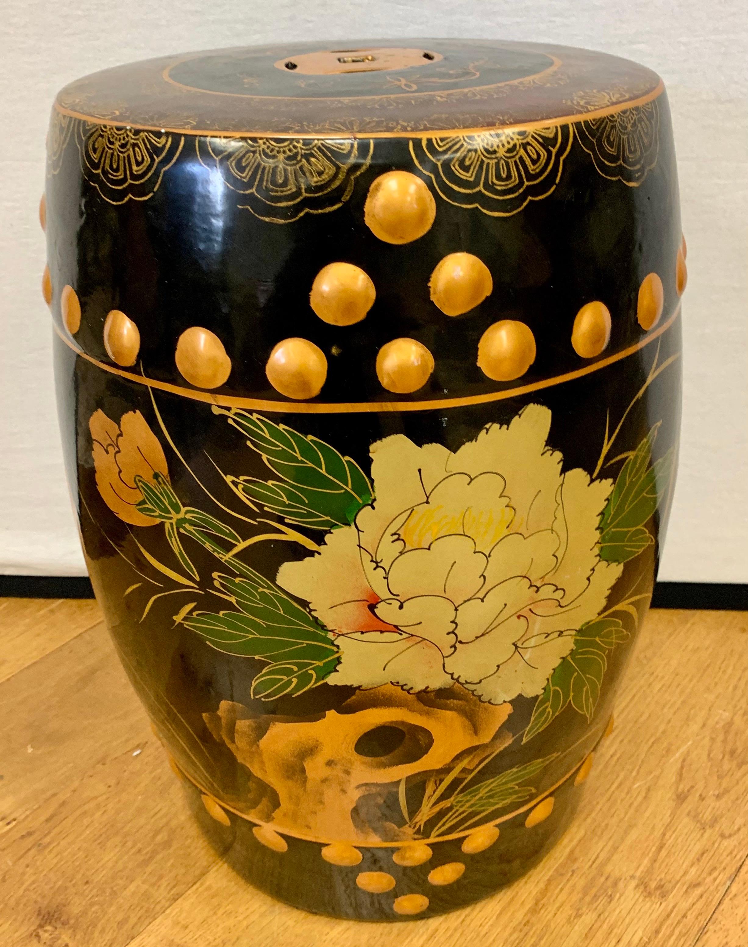 20th Century Chinese Hand Painted Black and Gold Porcelain Garden Stool