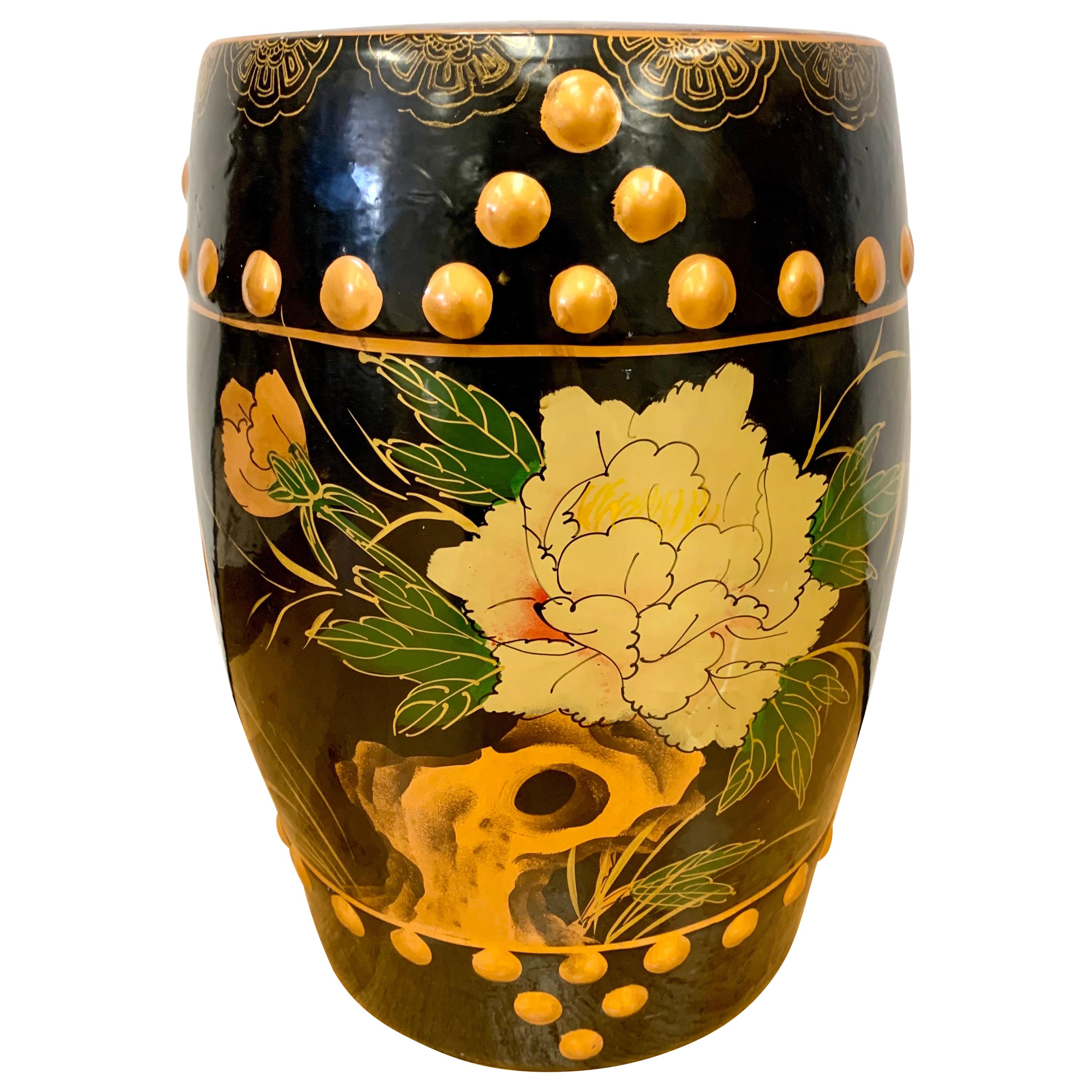 Chinese Hand Painted Black and Gold Porcelain Garden Stool