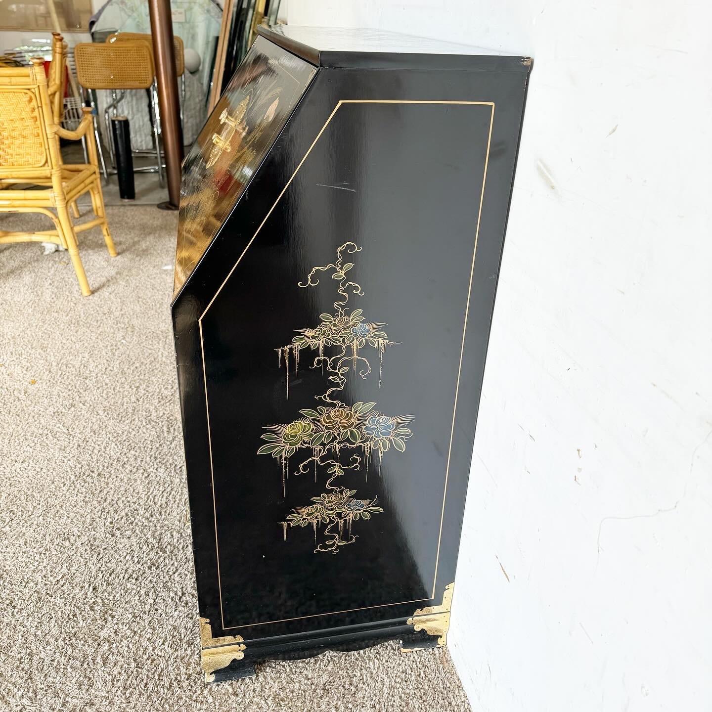 Chinese Hand Painted/Black Lacquered and Brass Secretary Desk For Sale 5
