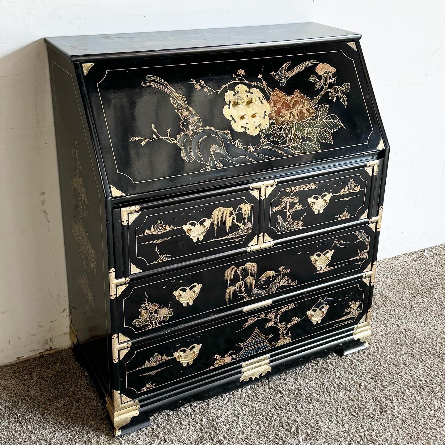 Chinoiserie Chinese Hand Painted/Black Lacquered and Brass Secretary Desk For Sale