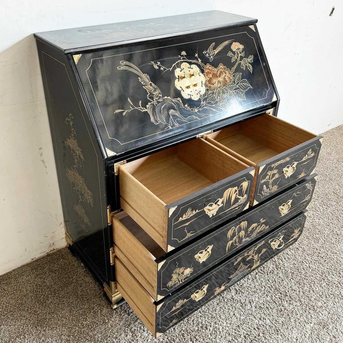 Chinese Hand Painted/Black Lacquered and Brass Secretary Desk In Good Condition For Sale In Delray Beach, FL