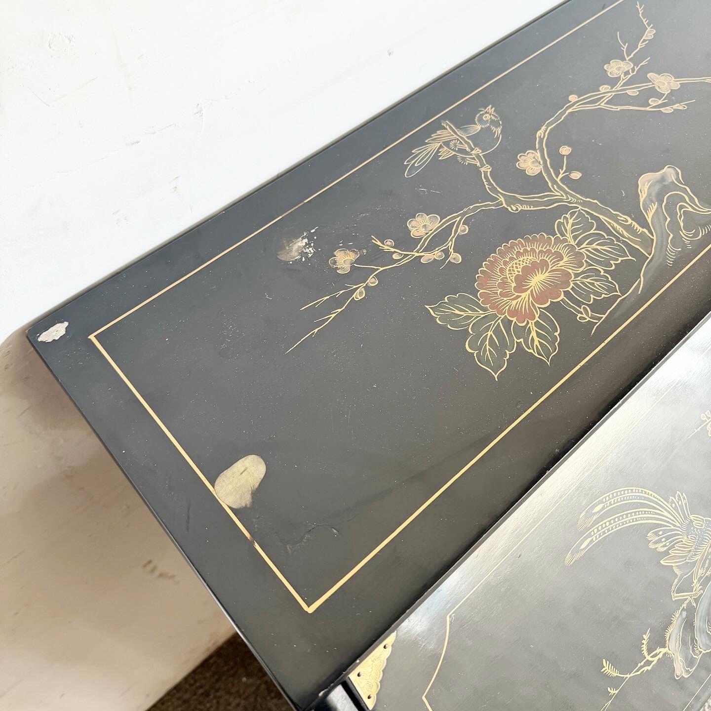 Chinese Hand Painted/Black Lacquered and Brass Secretary Desk For Sale 1