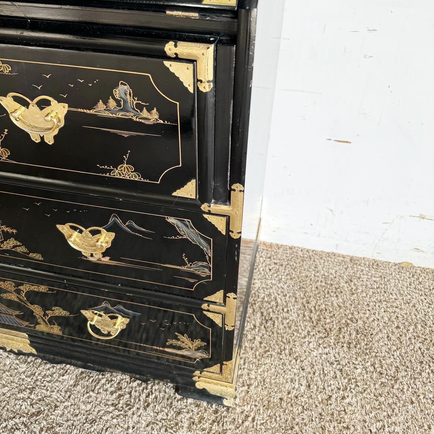Chinese Hand Painted/Black Lacquered and Brass Secretary Desk For Sale 3