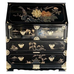 Chinese Hand Painted/Black Lacquered and Brass Secretary Desk