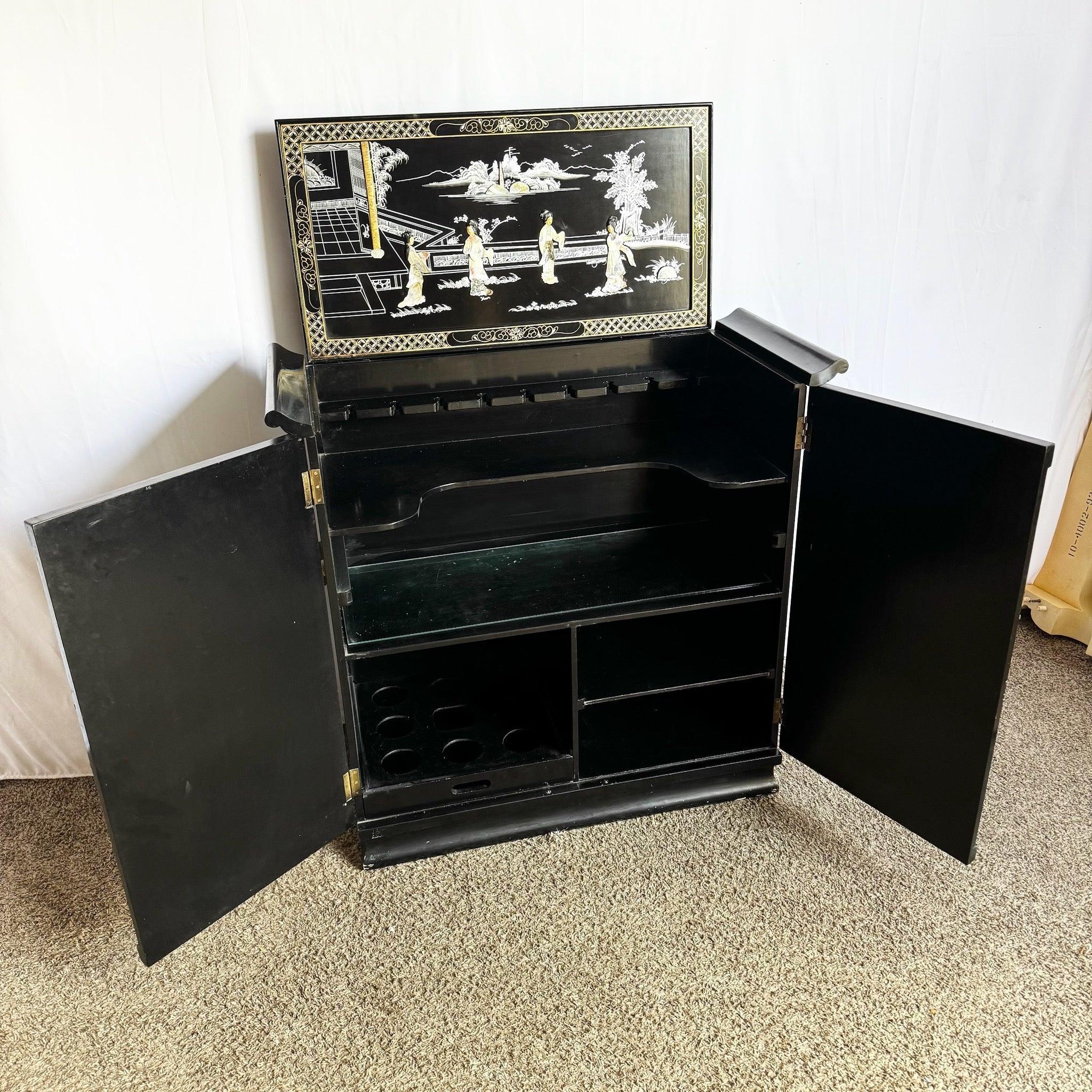 Chinese Hand Painted Black Lacquered Dry Bar With Mother of Pearl Accents For Sale 5