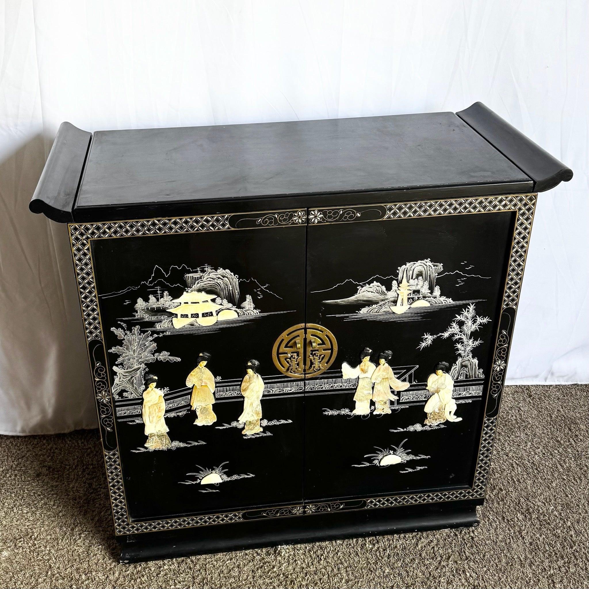 Chinese Hand Painted Black Lacquered Dry Bar With Mother of Pearl Accents For Sale 6