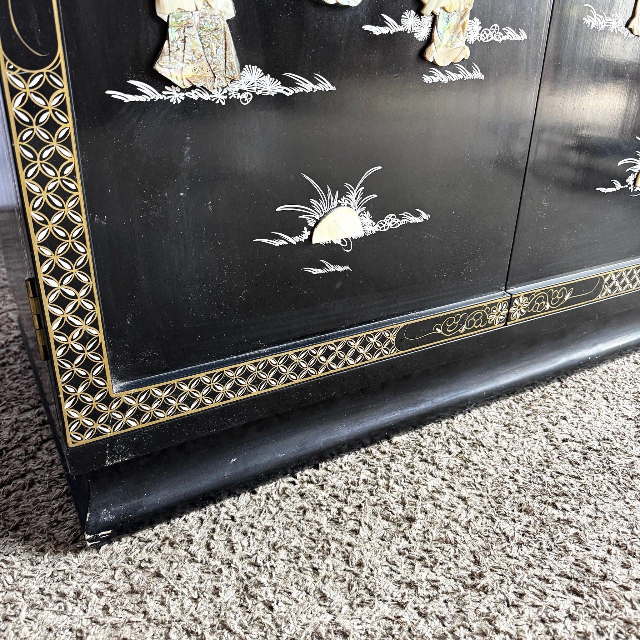 Elevate your entertaining with this Chinese Black Lacquer Dry Bar—rich lacquer, inlay, and Chinoiserie elegance.
 
 Some ware to the surfaces and edges as shown in the photos. One shelf is missing as shown.
 
 We sell items as acquired, without