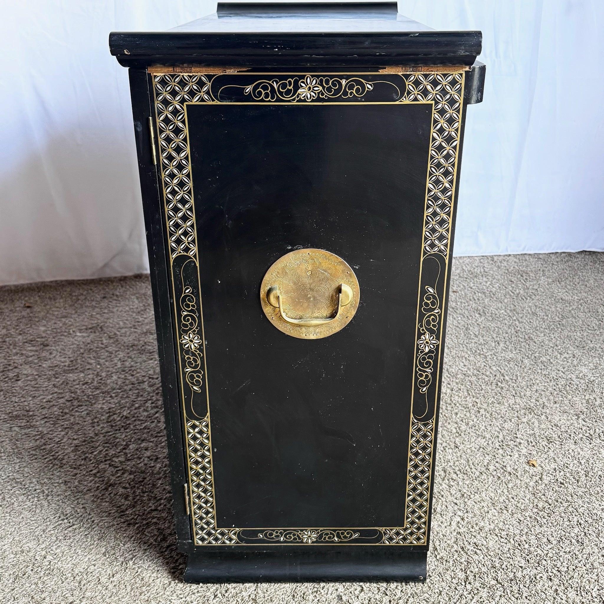 Wood Chinese Hand Painted Black Lacquered Dry Bar With Mother of Pearl Accents For Sale