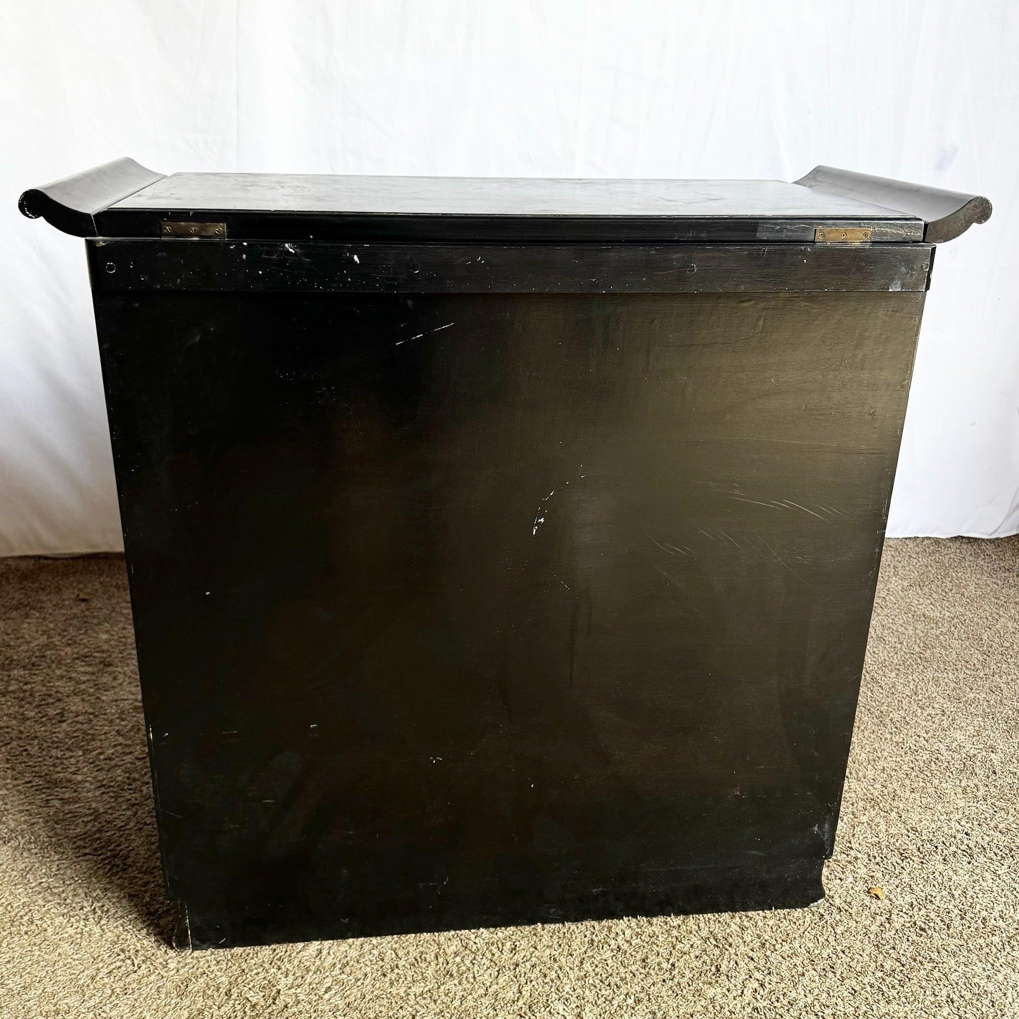 Chinese Hand Painted Black Lacquered Dry Bar With Mother of Pearl Accents For Sale 1