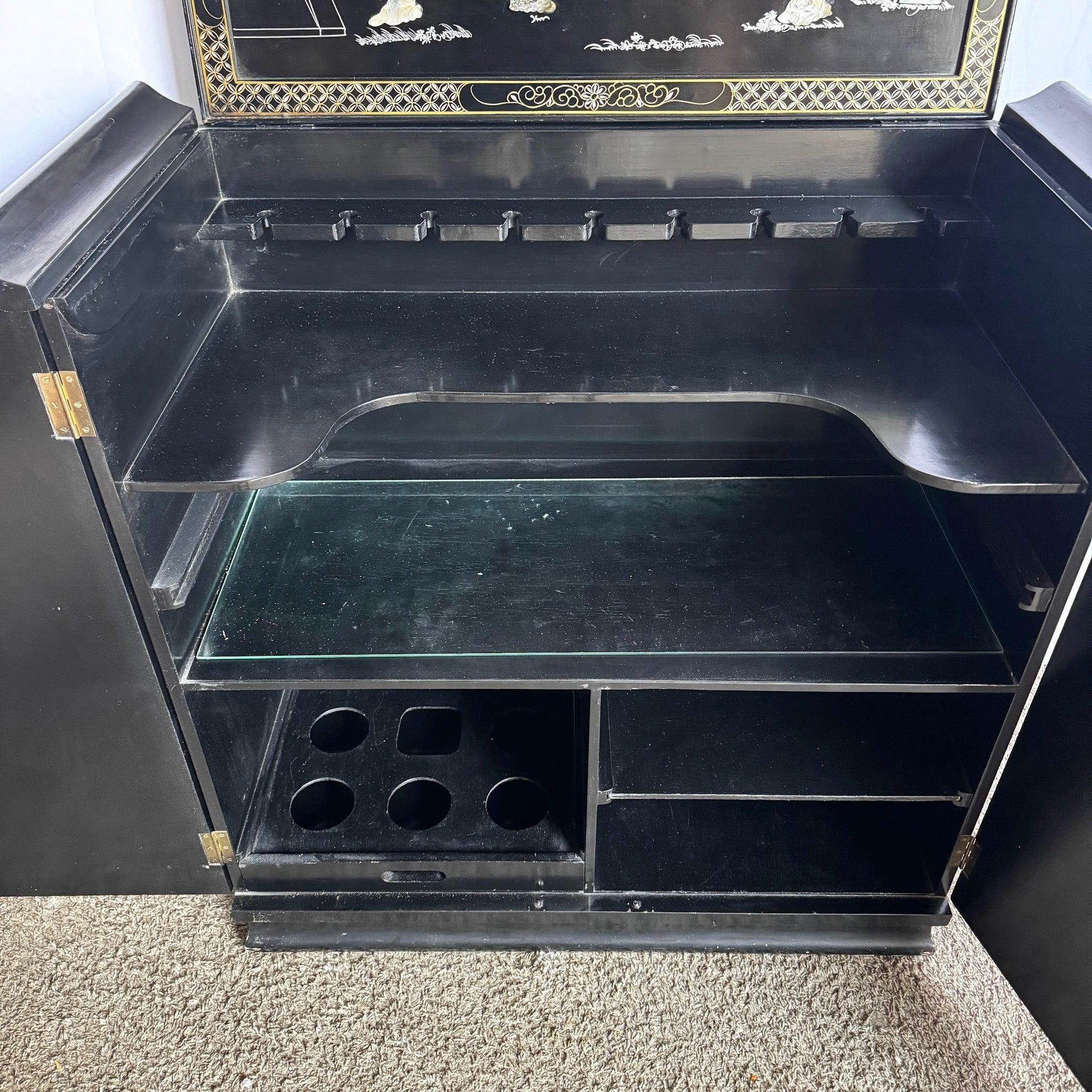 Chinese Hand Painted Black Lacquered Dry Bar With Mother of Pearl Accents For Sale 3