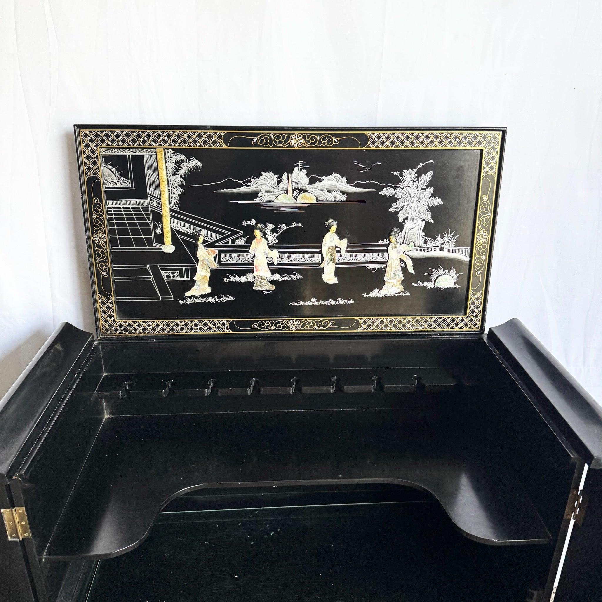 Chinese Hand Painted Black Lacquered Dry Bar With Mother of Pearl Accents For Sale 4