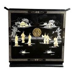 Chinese Hand Painted Black Lacquered Dry Bar With Mother of Pearl Accents