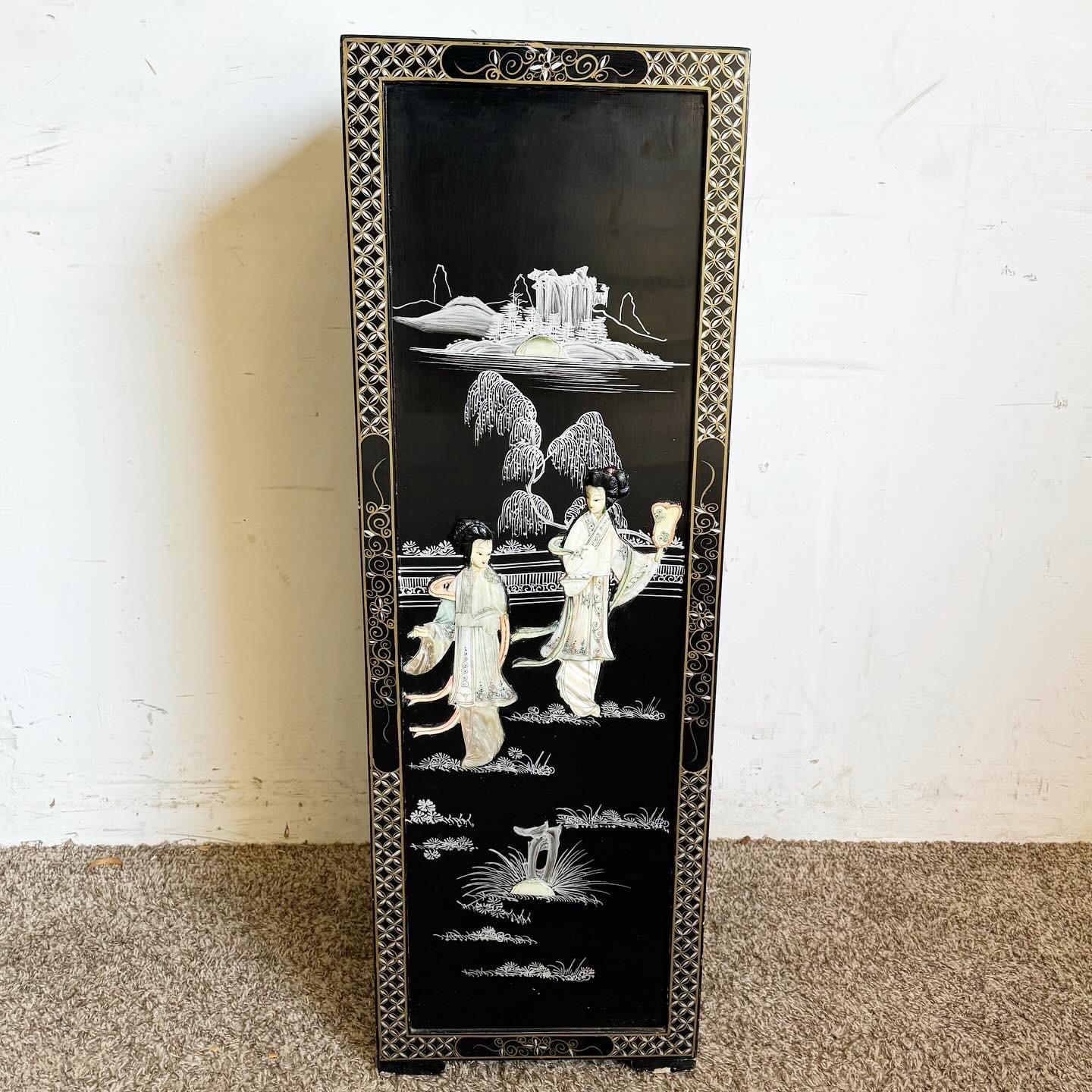 Chinese Hand Painted Black Pedestal Cabinet In Good Condition For Sale In Delray Beach, FL