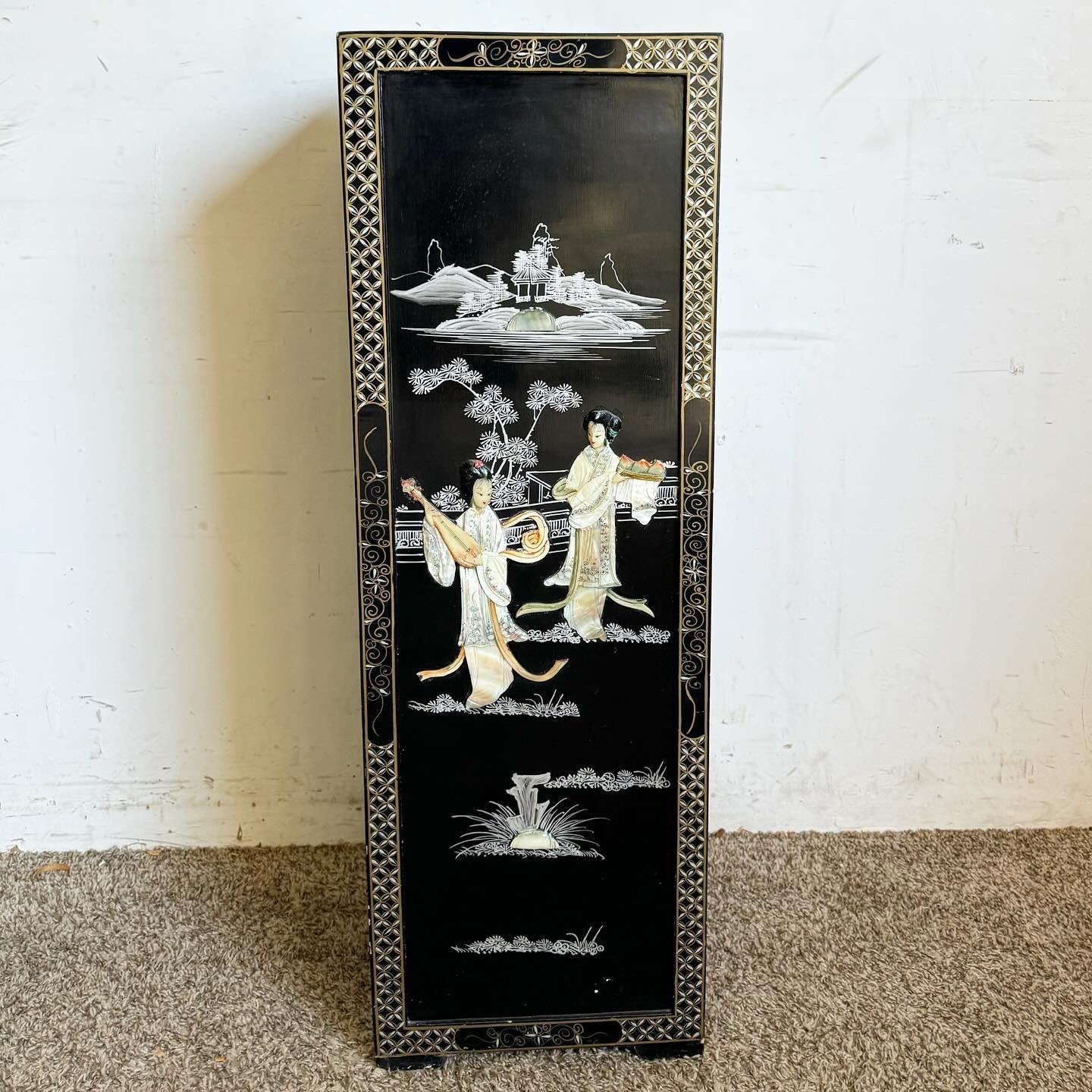 Late 20th Century Chinese Hand Painted Black Pedestal Cabinet For Sale