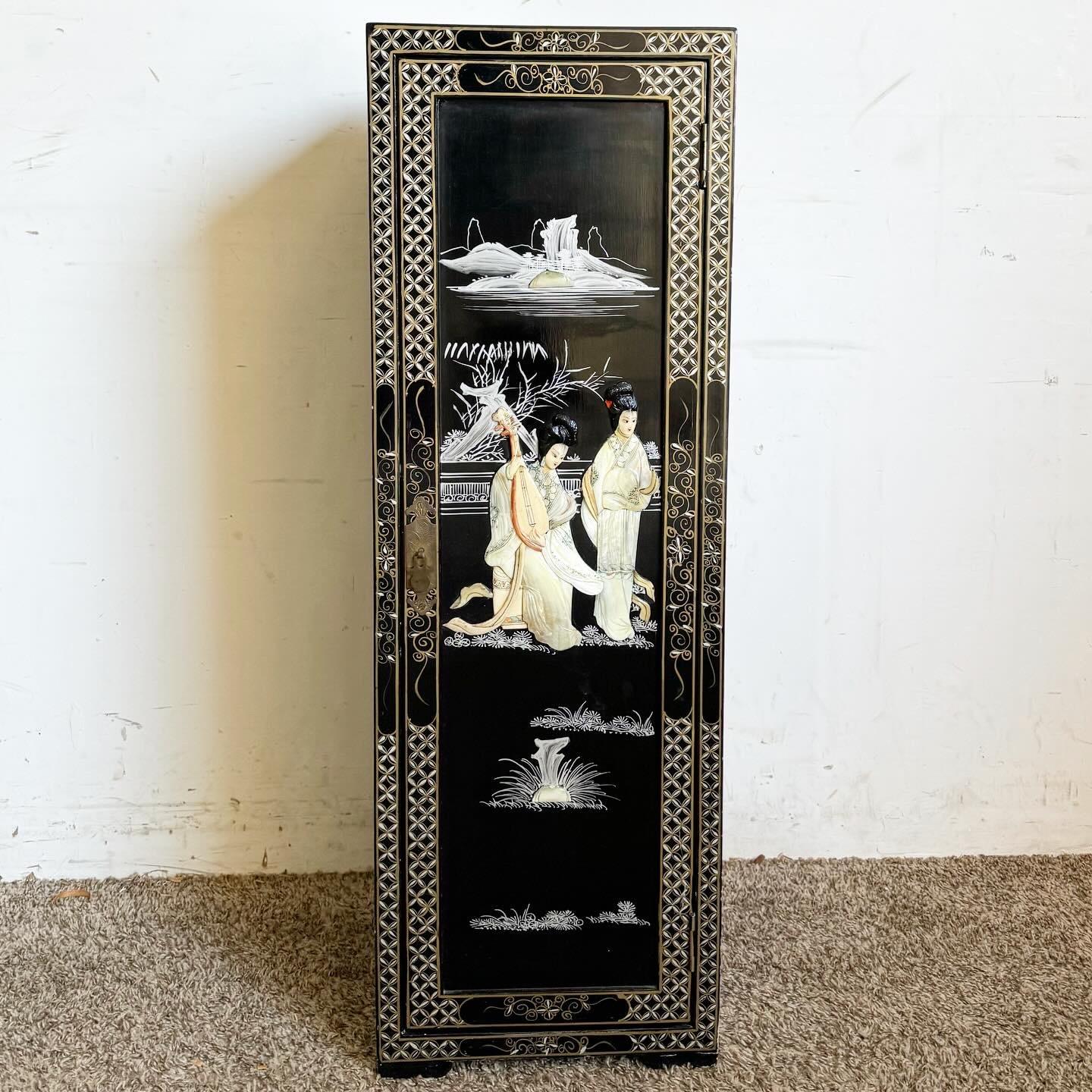 Wood Chinese Hand Painted Black Pedestal Cabinet For Sale