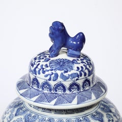 Chinese Hand Painted Blue and White Fudog and Flower Temple Jar