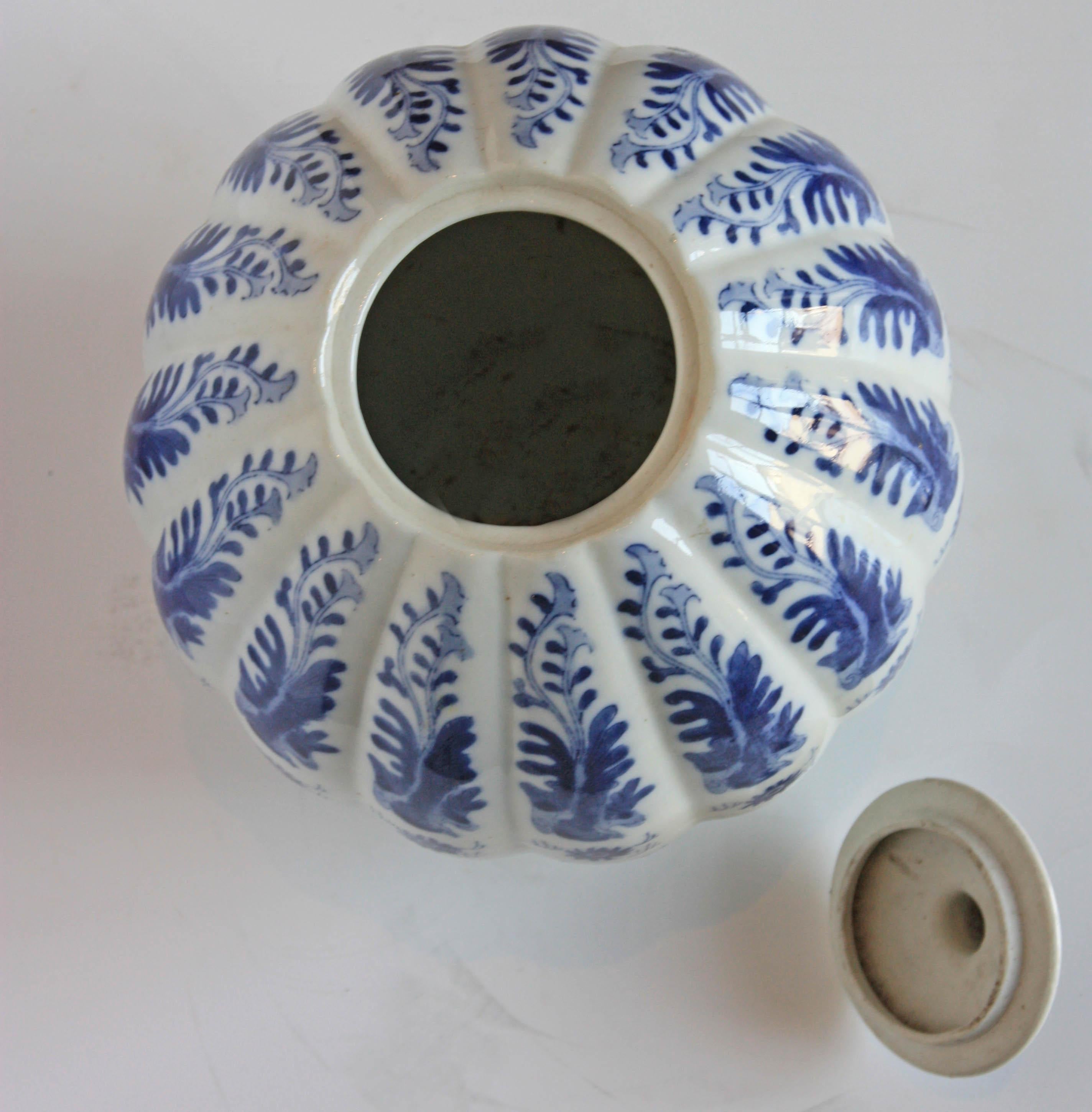 Asian Chinese Hand Painted Blue and White Lidded Gourd Vessel For Sale