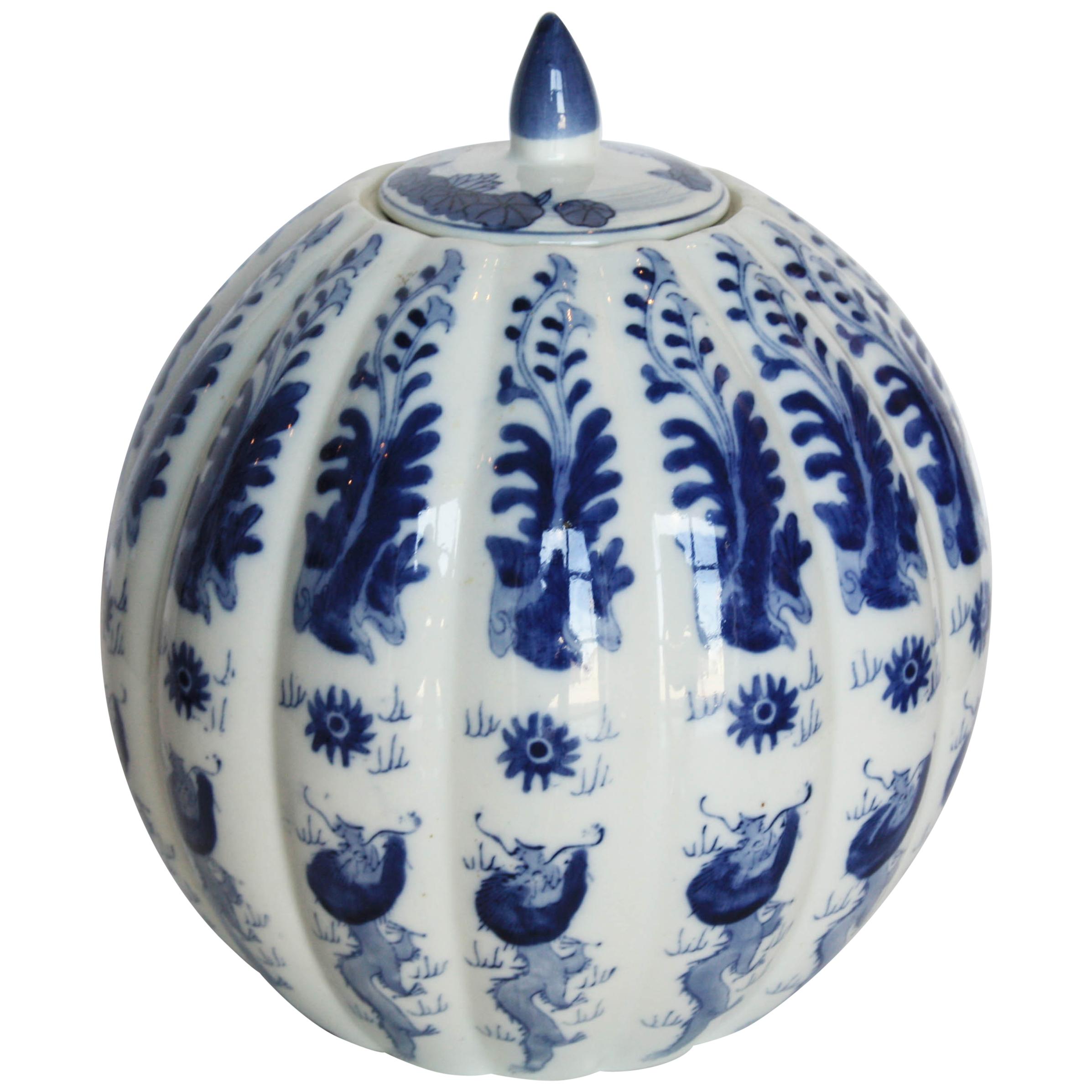 Chinese Hand Painted Blue and White Lidded Gourd Vessel For Sale