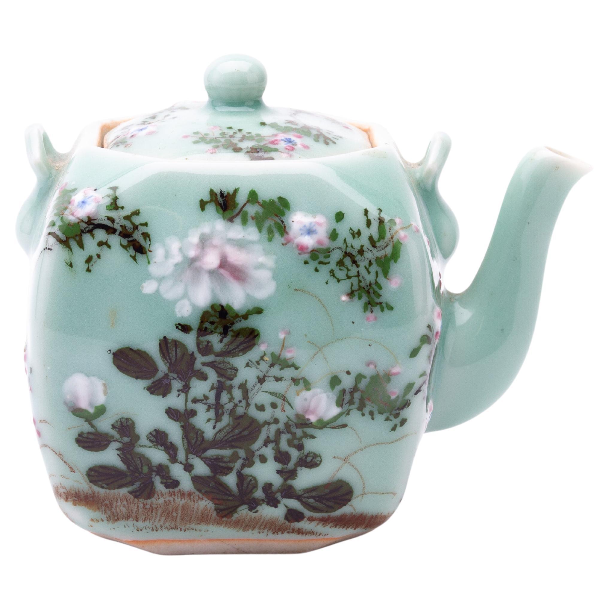 Chinese Hand Painted Celadon Glazed Blossoms Teapot For Sale