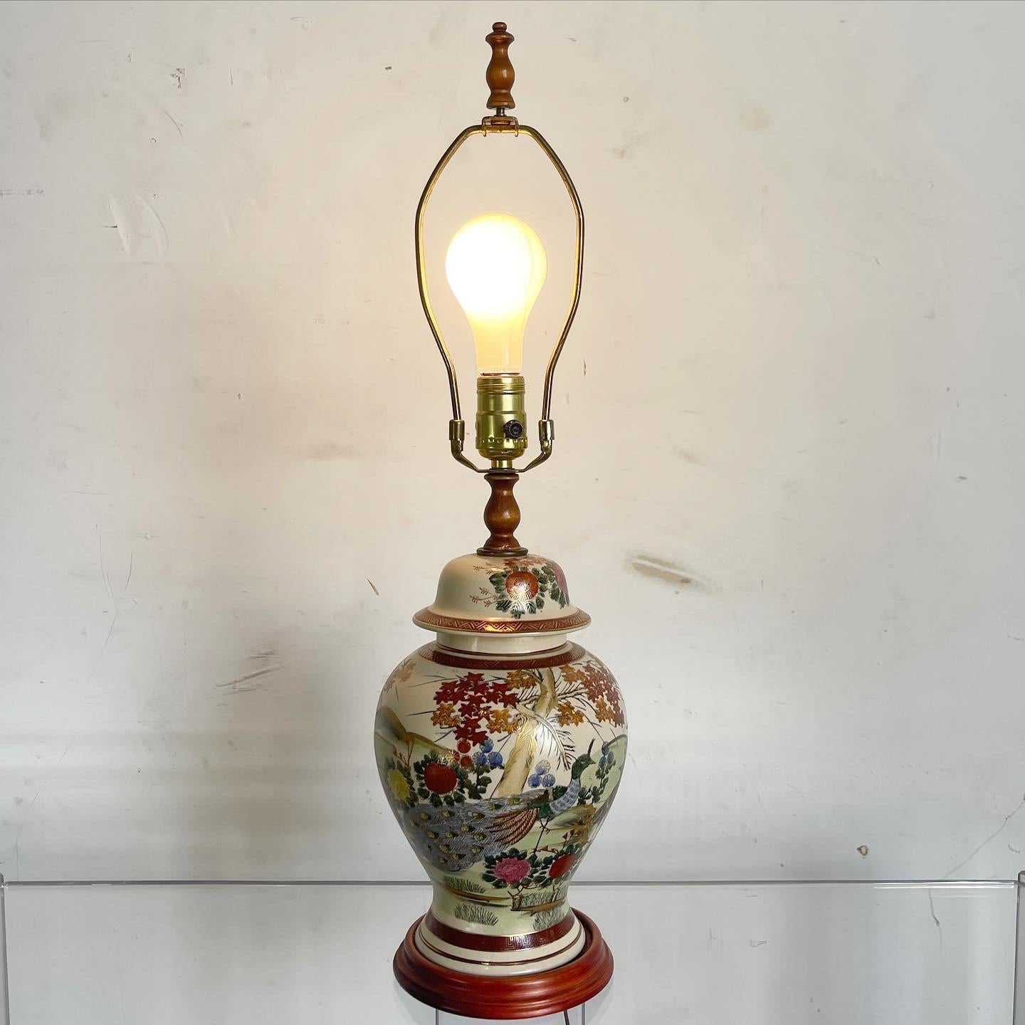 Experience unmatched elegance with the Chinese Hand Painted Ceramic Table Lamp. This exceptional piece seamlessly fuses ceramic and wood, adorned with intricate designs, to create a sophisticated ambiance of natural beauty and artistic