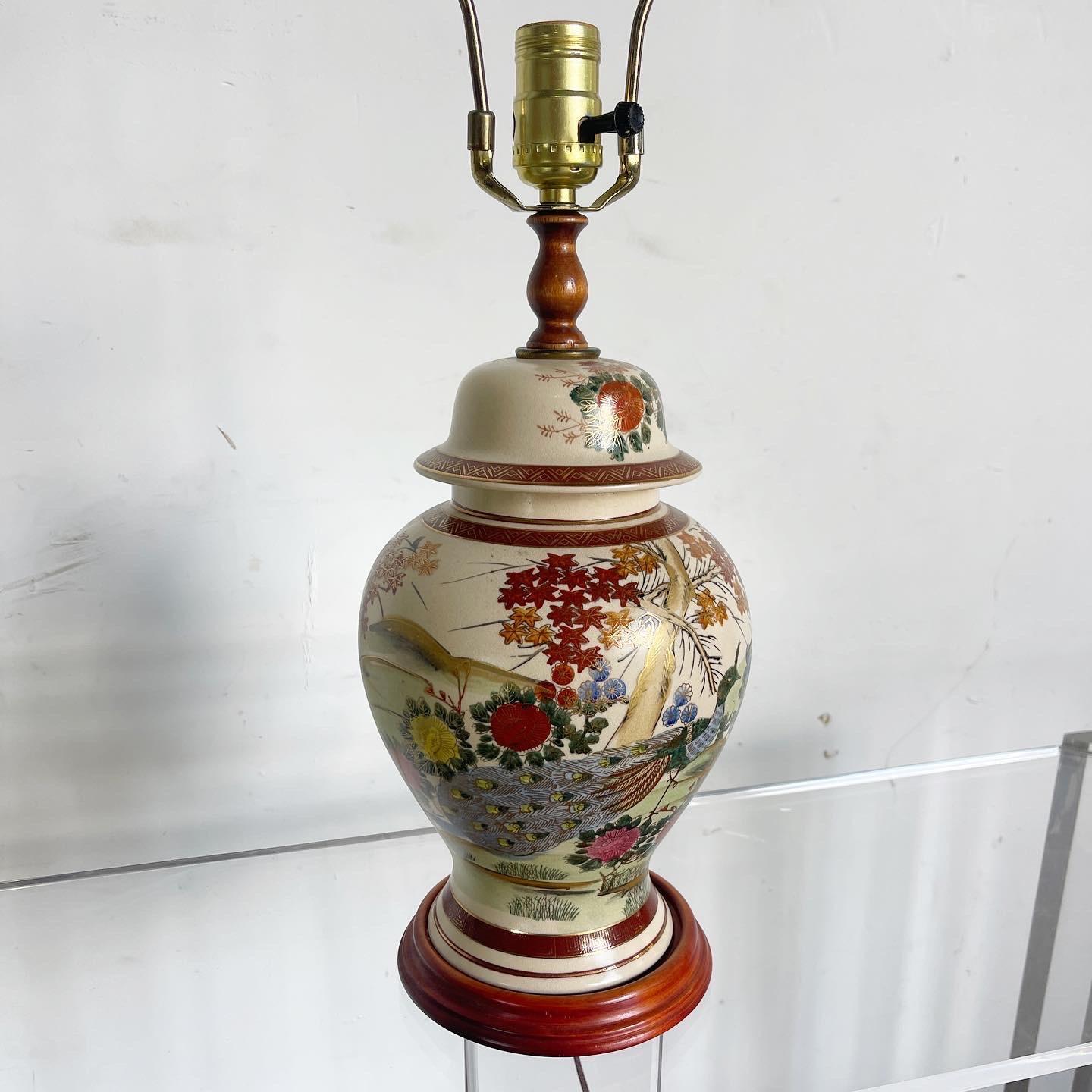 Chinese Hand Painted Ceramic and Wooden Table Lamp In Good Condition For Sale In Delray Beach, FL