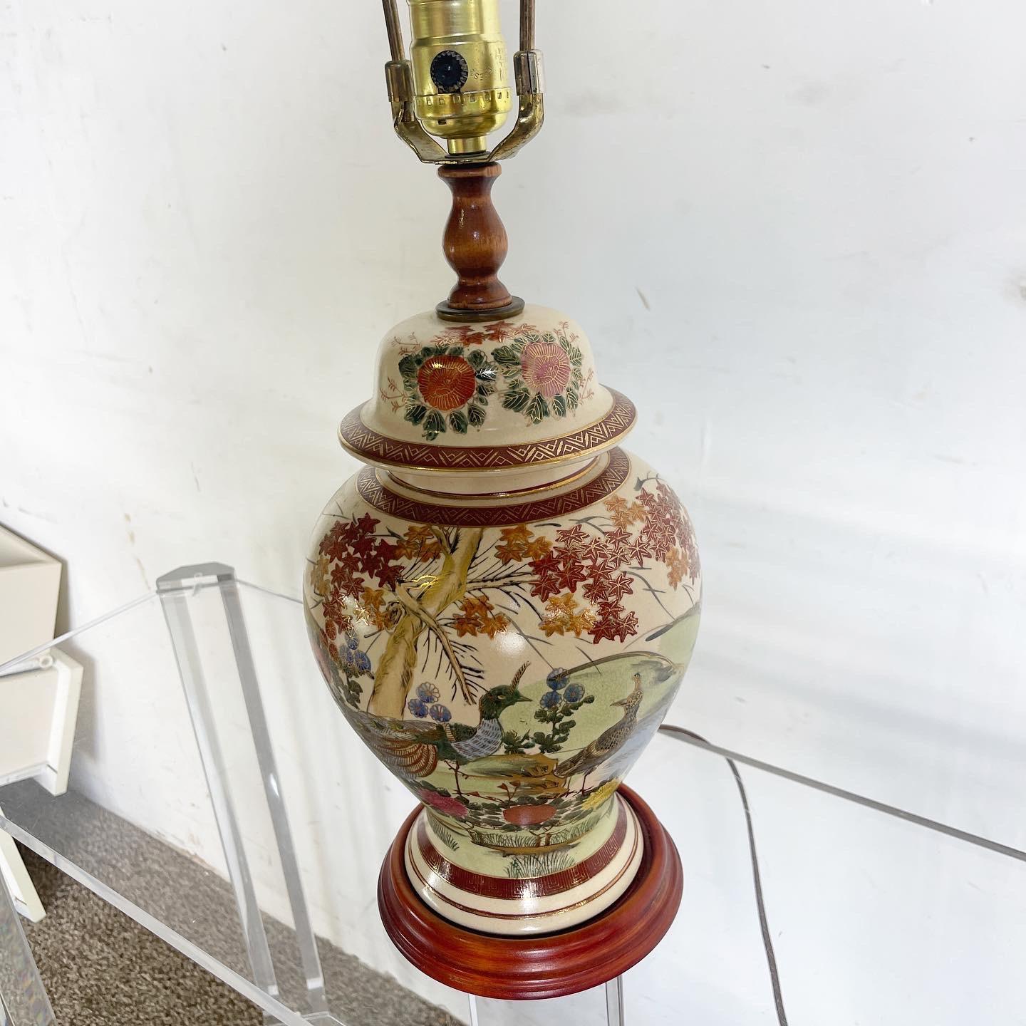 Late 20th Century Chinese Hand Painted Ceramic and Wooden Table Lamp For Sale