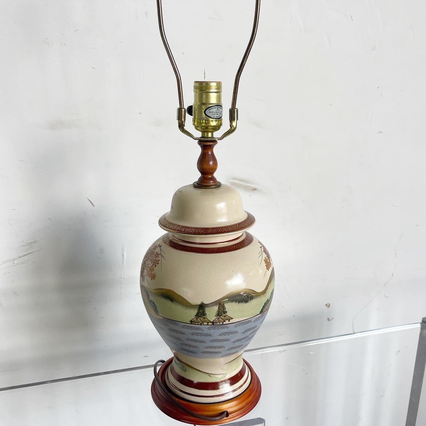 Chinese Hand Painted Ceramic and Wooden Table Lamp For Sale 1