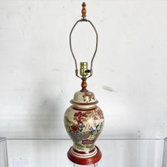 Chinese Hand Painted Ceramic and Wooden Table Lamp