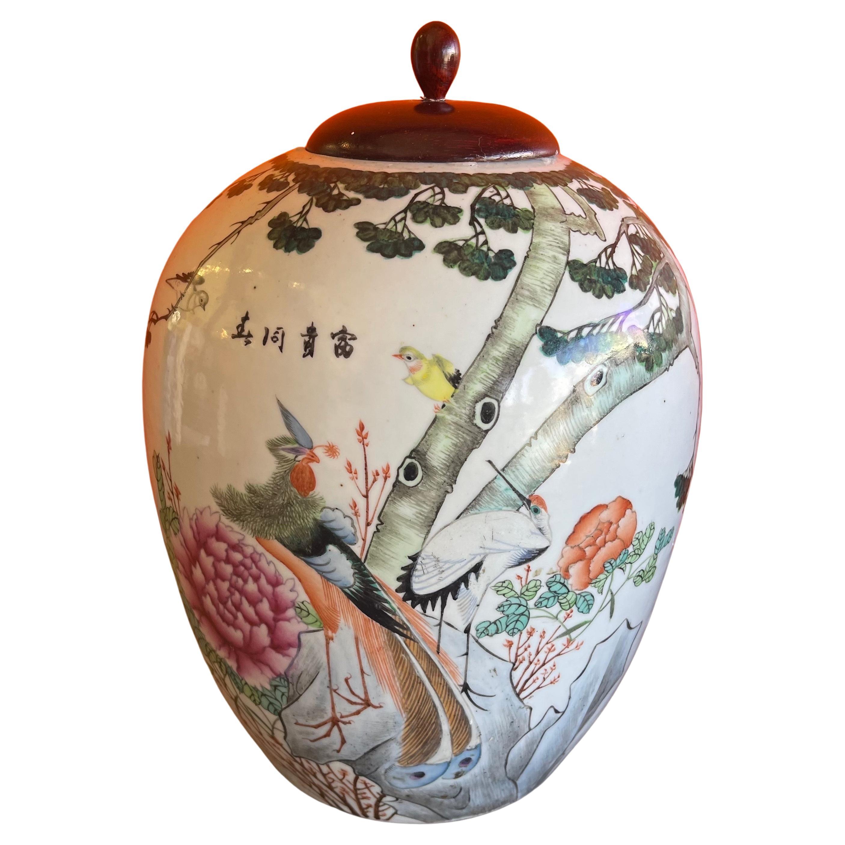 Chinese Hand Painted Ceramic Ginger Jar from Republic Period For Sale