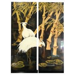Chinese Hand Painted Ereiher Wading Amongst the Trees auf Holzbrett - 2 Pieces