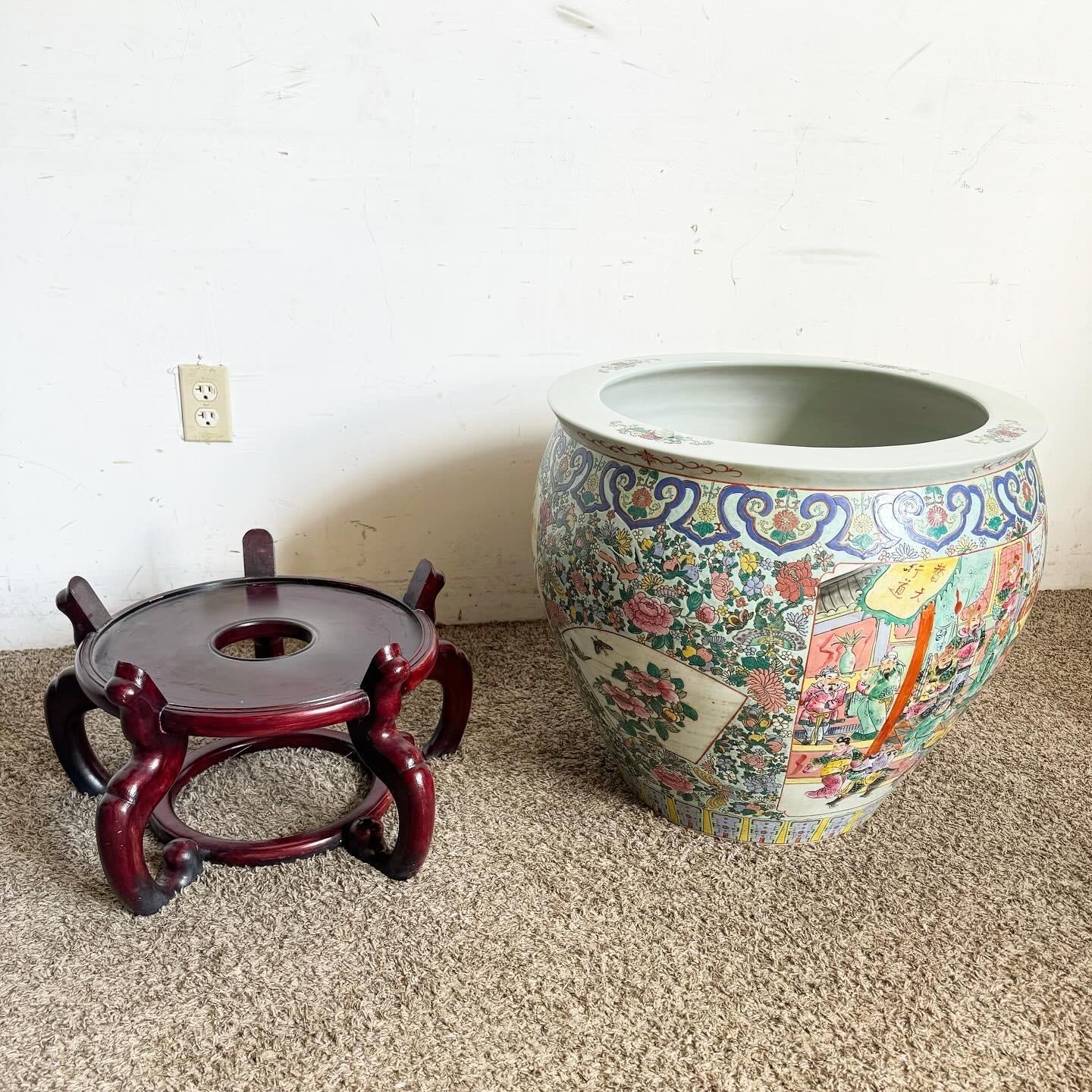 Late 20th Century Chinese Hand Painted Floor Vase With Wooden Stand For Sale