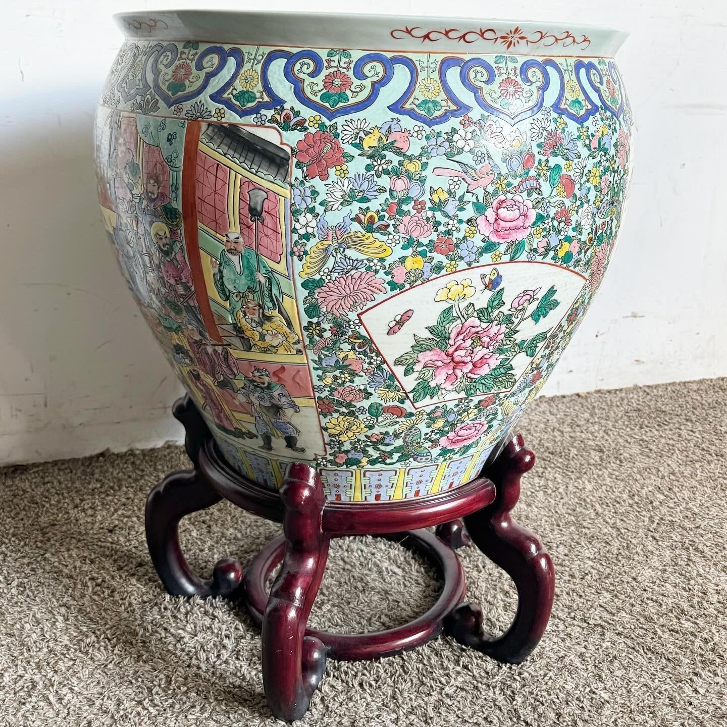 Chinese Hand Painted Floor Vase With Wooden Stand For Sale 1