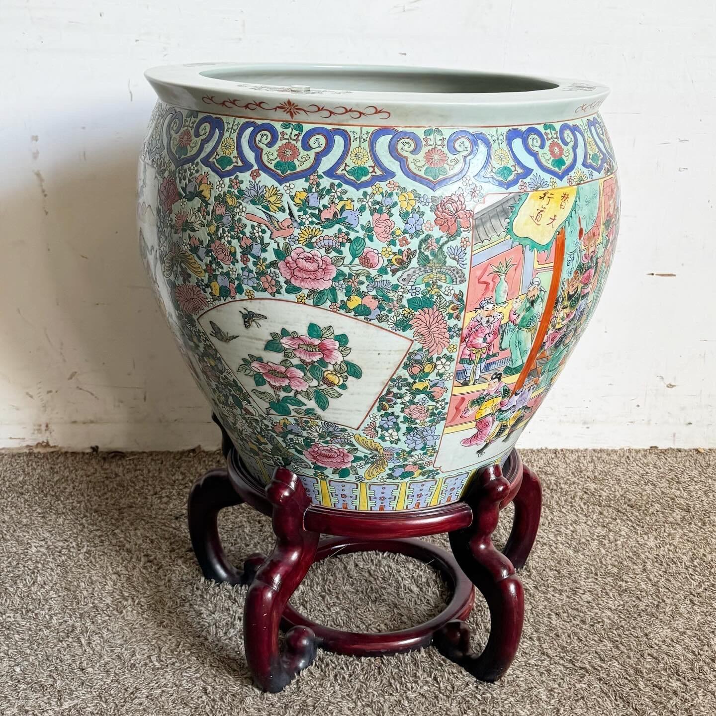 Chinese Hand Painted Floor Vase With Wooden Stand For Sale 2