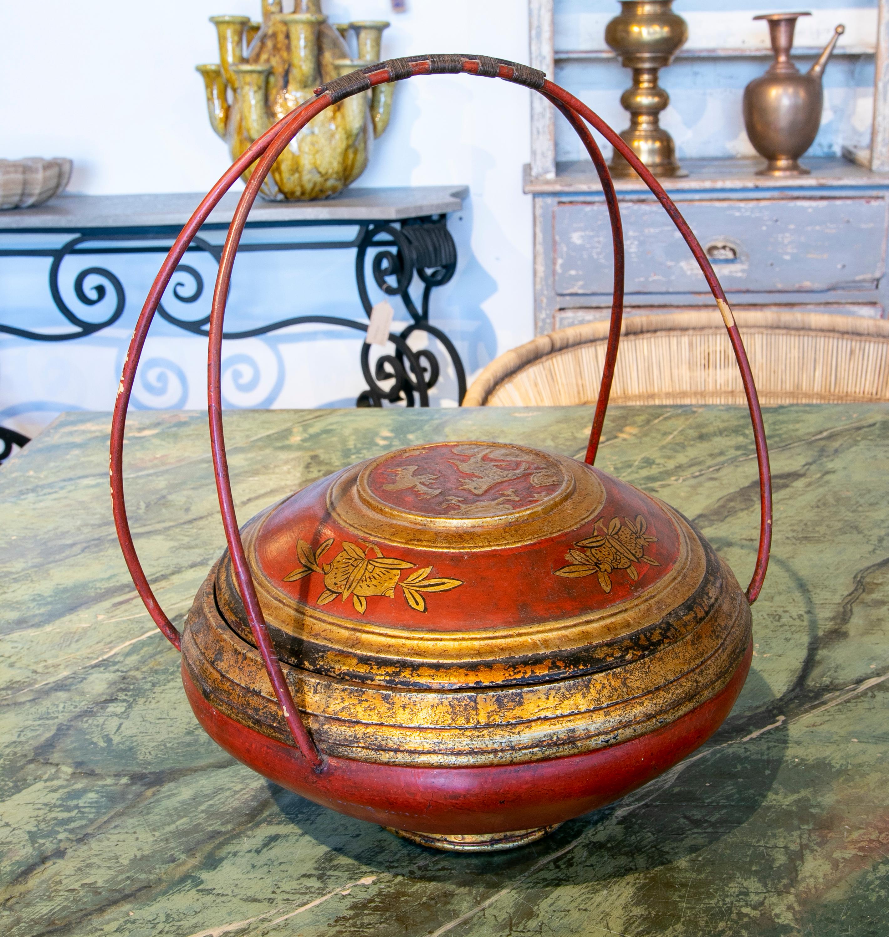 Chinese hand painted food basket with bamboo handles.