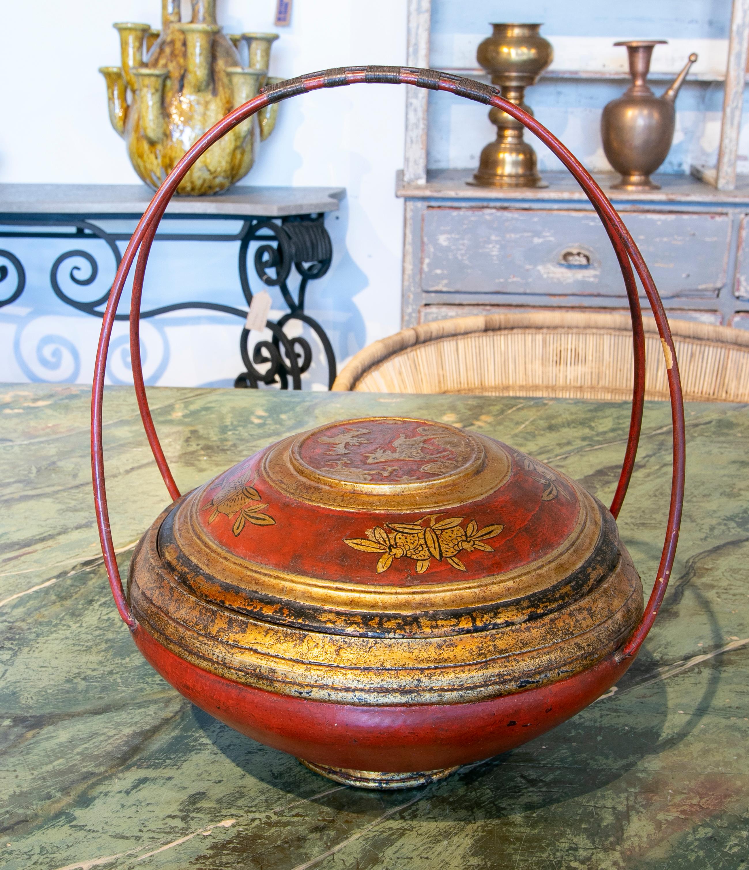 20th Century Chinese Hand Painted Food Basket with Bamboo Handles