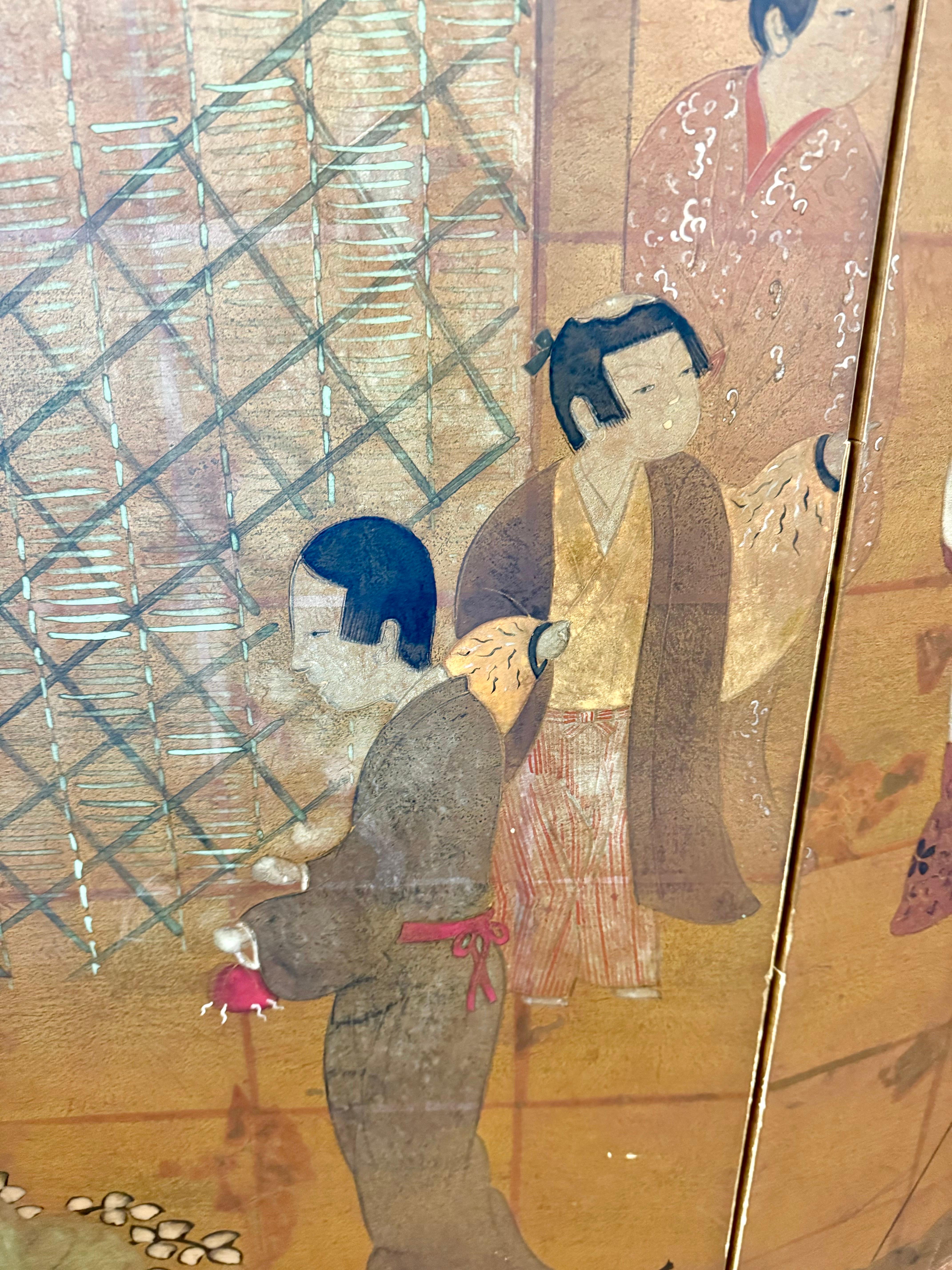 Chinoiserie Chinese Hand Painted Four Panel Folding Screen For Sale