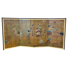 Chinese Hand Painted Four Panel Folding Screen