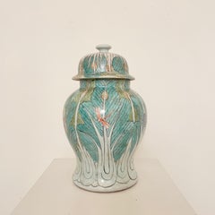 Chinese Hand Painted Glazed Vase with Lid in Green and White, 1940s