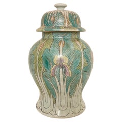 Chinese Hand Painted Glazed Vase with Lid in Green and White, 1940s