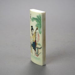 Chinese Hand Painted Hard Stone Paperweight with Woman & Instrument 20thC