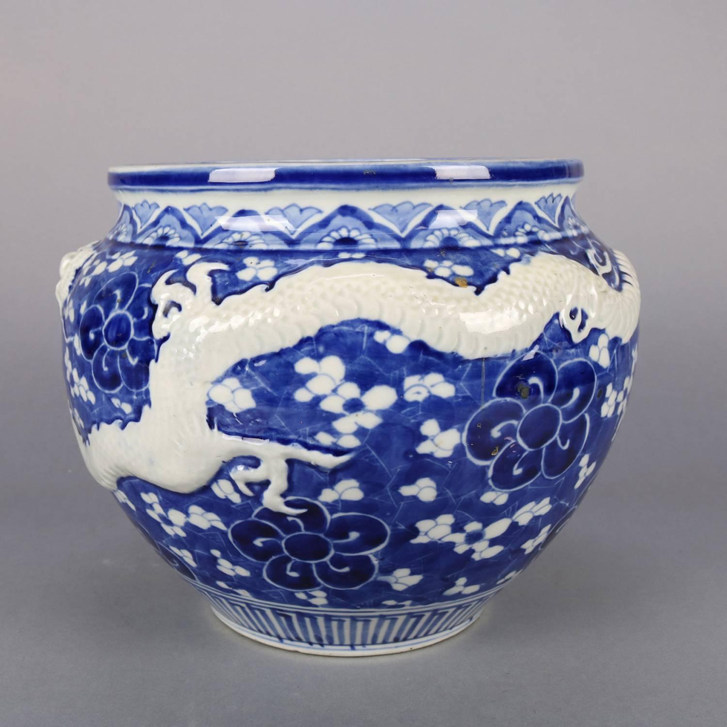 Chinese Hand-Painted High Relief Porcelain Dragon Jardeniere, Blue and White 1