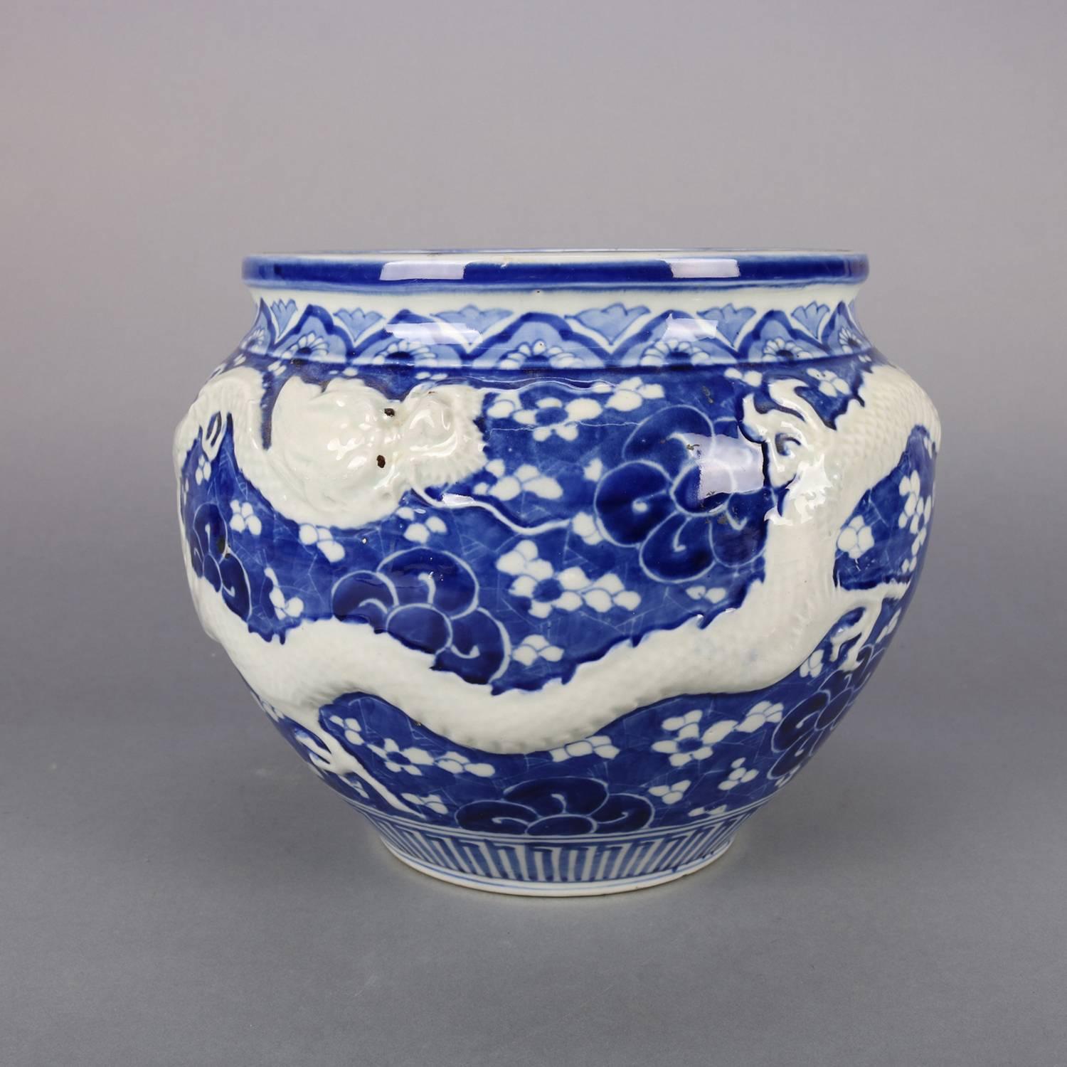 Chinese Hand-Painted High Relief Porcelain Dragon Jardeniere, Blue and White 2